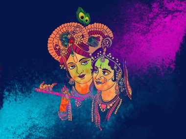Radhe Krishna Illustration renkli holi arkaplanlı. Renkler ve mutluluk festivali.
