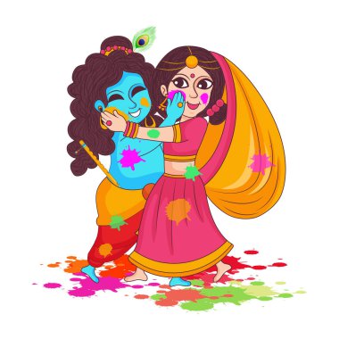 Illustration of lord krishna and goddess radha playing holi festival of colors. Happy holi Festival of indian hindu culture. clipart