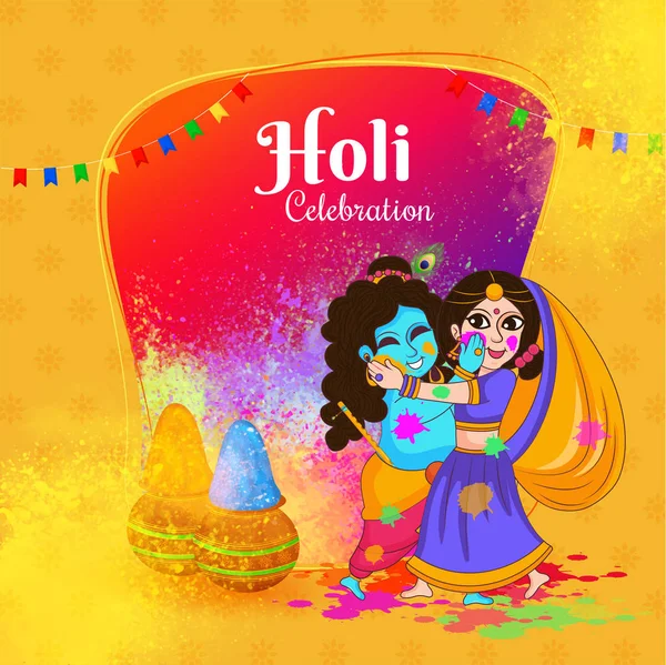 Holi Firar Med Kärlekens Herre Krishna Och Radha Indiska Färgfestivalen — Stock vektor