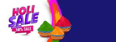 Mutlu Holi 'ler. Renkler ve mutluluk festivali. Renkli kovalarla Holi satışı afişi% 50 indirimli fırça arkaplanlı.