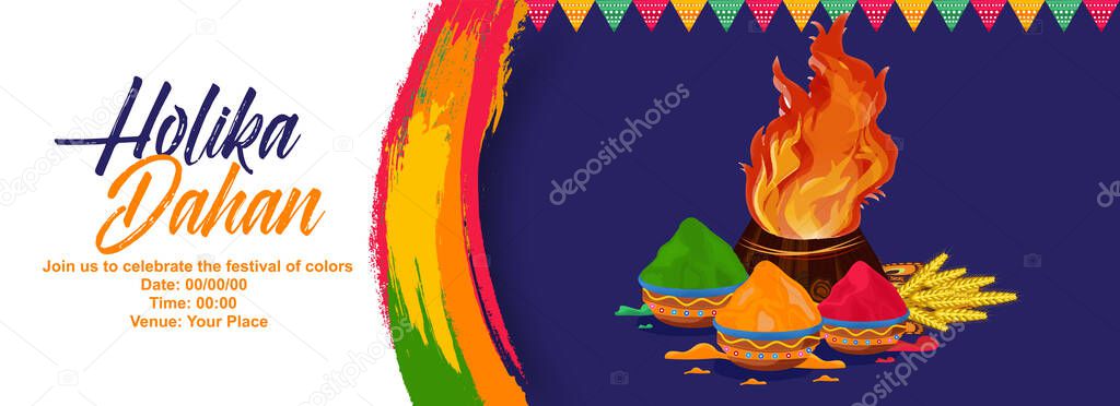Happy Holika Dahan . Holika Dahan holi card with bonfire and wheats and buckets of colors.