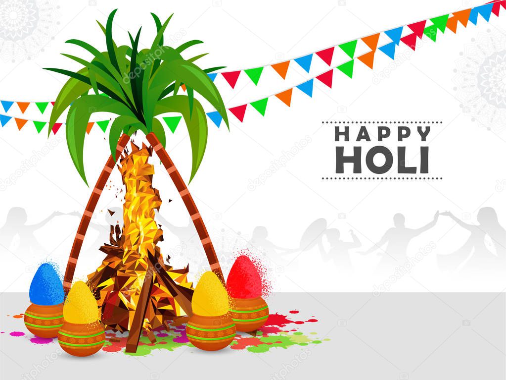 Happy Holi. Traditional Indian festival of colors . Illustration of holika dahan and element sugarcane, holi color powder in decorative background.