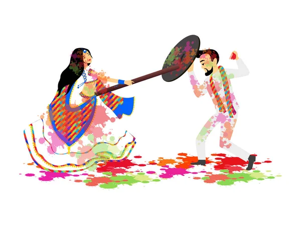 Ilustrace Muže Ženy Oslavující Lathmar Holi Festival Indie Festival Barev — Stockový vektor