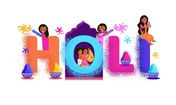 Illustration Indianer Som Firar Festival Färger Holi Bedårande Klotter Kreativ — Stock vektor