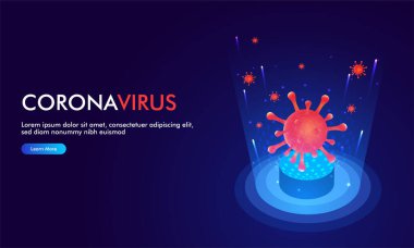 Mavi fütürist web afişi üzerinde Coronavirus Covid-2019. Ölümcül virüs türü 2019-ncov. Koronavirüs bakterisinin 3D modelleri.