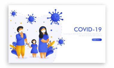 İniş Sayfası, COVID-19 'un web başlık tasarımı konsepti Coronavirus. Belirtileri, önleme, önlemler ve bulaşma hakkında daha fazla bilgi edinin.