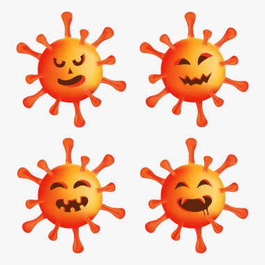 Coronavirus salgını 2020. Çin koronavirüsü soyu. COVID-19 illüstrasyon seti. Tehlikeli ifadeli komik karikatür yüzleri.