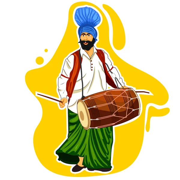 Illustration Punjabi Sardarni Man Dhol Dancing Position — ストックベクタ