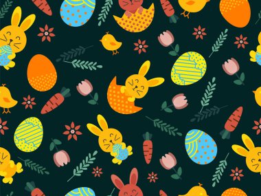 Mutlu Paskalyalar. Paskalya elemanları yeşil arkaplanda kusursuz bir arkaplan tasarımı çizer.