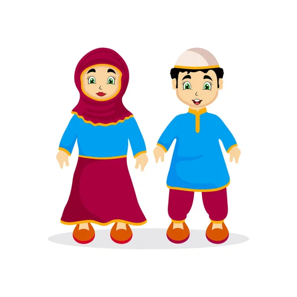 Muslim Kids Characters Wearing Islamic Dress Boy Girl Celebrating Holy — Stock Vector