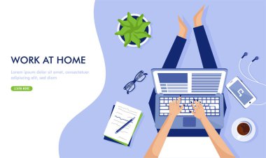 Ev iniş sayfası illüstrasyon tasarımı konsepti Freelancer iş yeri, uzaktan evde çalışma. Evde kal. Dikkatli ol..