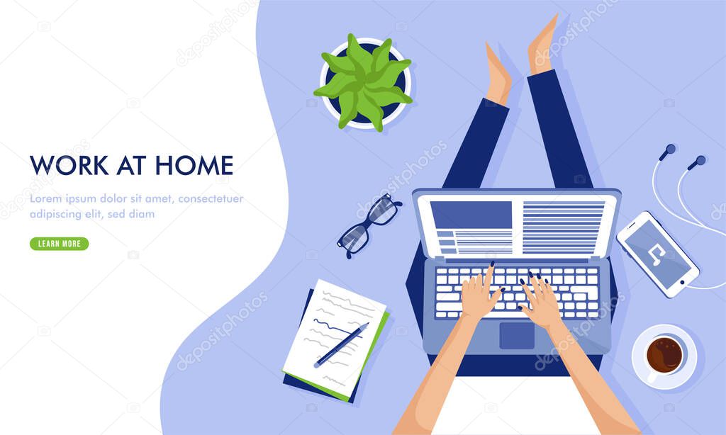 Working from home landing page illustration design concept, Freelancer workplace, remotely working at home. Stay home stay safe.