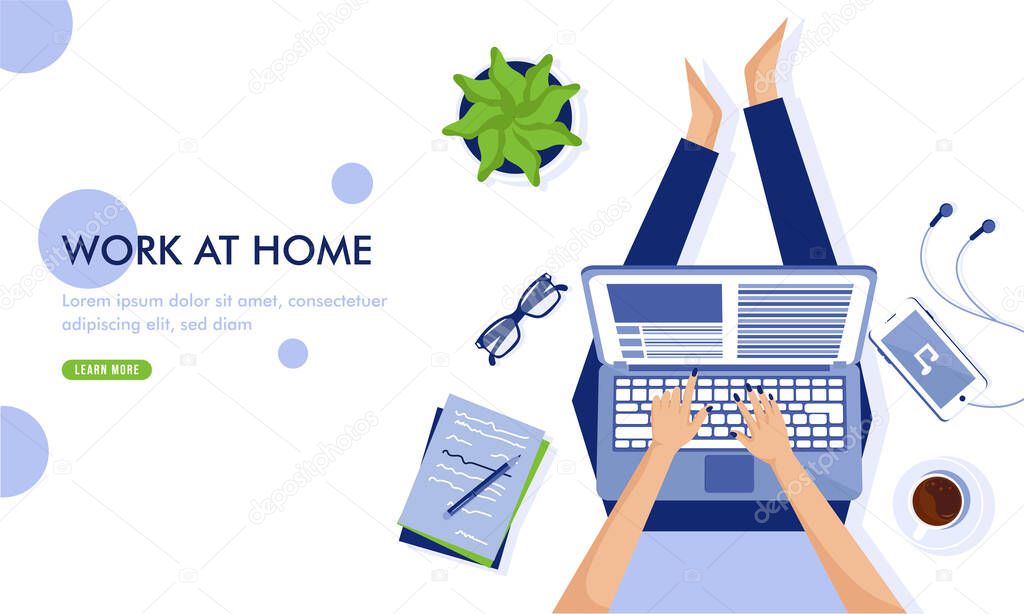 Working from home landing page design concept on white background. Stay home stay safe. Freelancer workplace, remotely working at home.