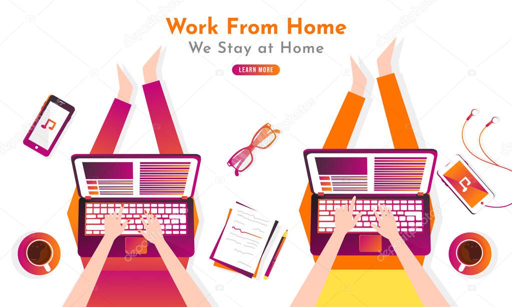 Creative Working home concept. Lazy girls sitting at floor and working with laptop with smart phone and business reports. Flat illustration from top view of relaxing at home.