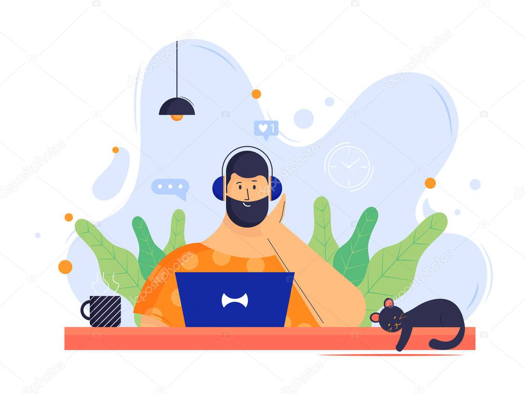 A man is working from home with laptop and headphones in his head, listen songs with comfort working. Beautiful abstract background concept of study and working from home.