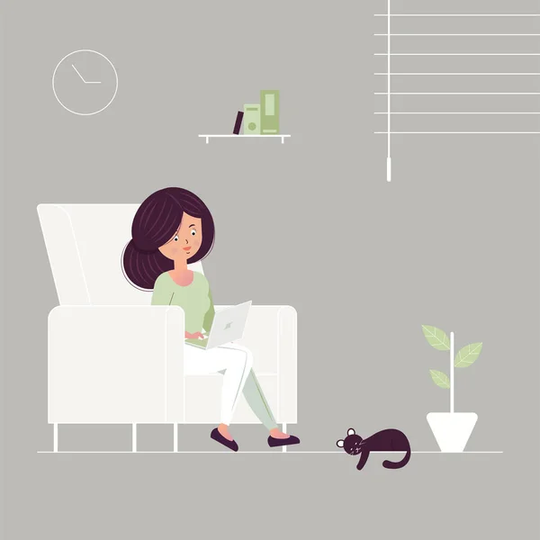 Illustration Eines Mädchens Das Mit Laptop Auf Dem Sofa Sitzt — Stockvektor