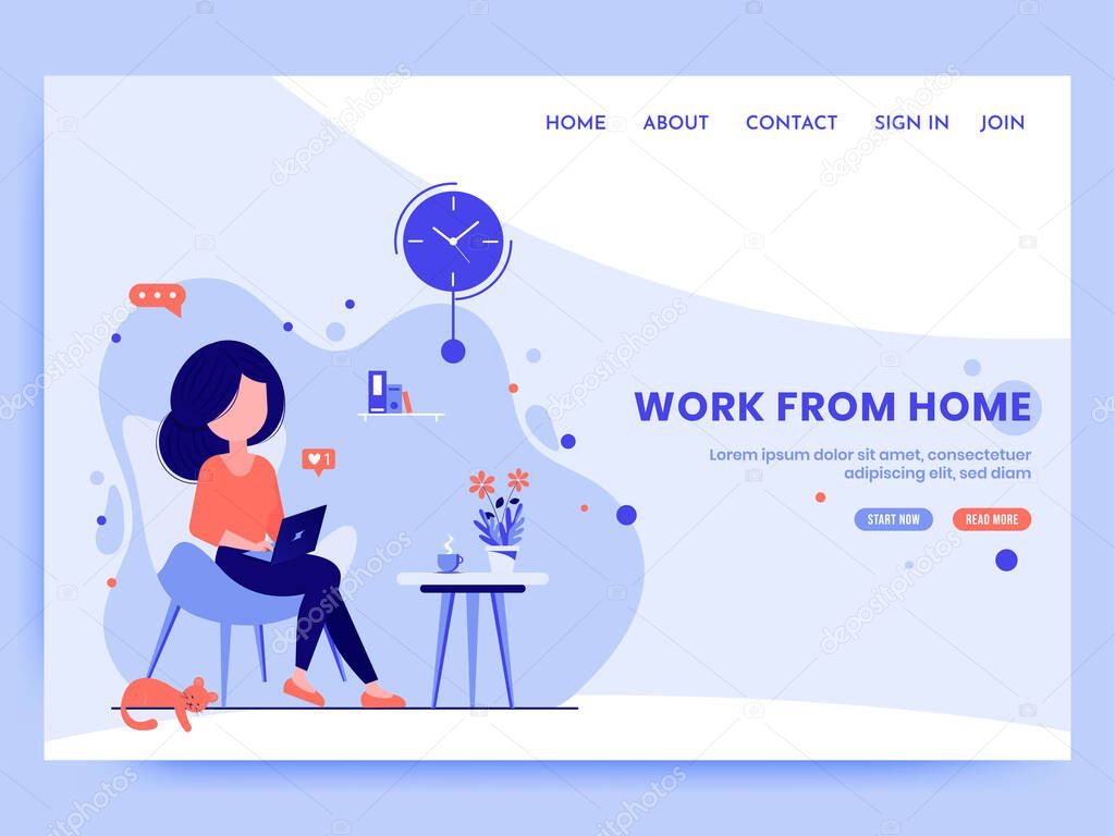 Girl sitting on a chair with laptop, working from home. Freelance or study concept. Landing page template. Vector illustration.