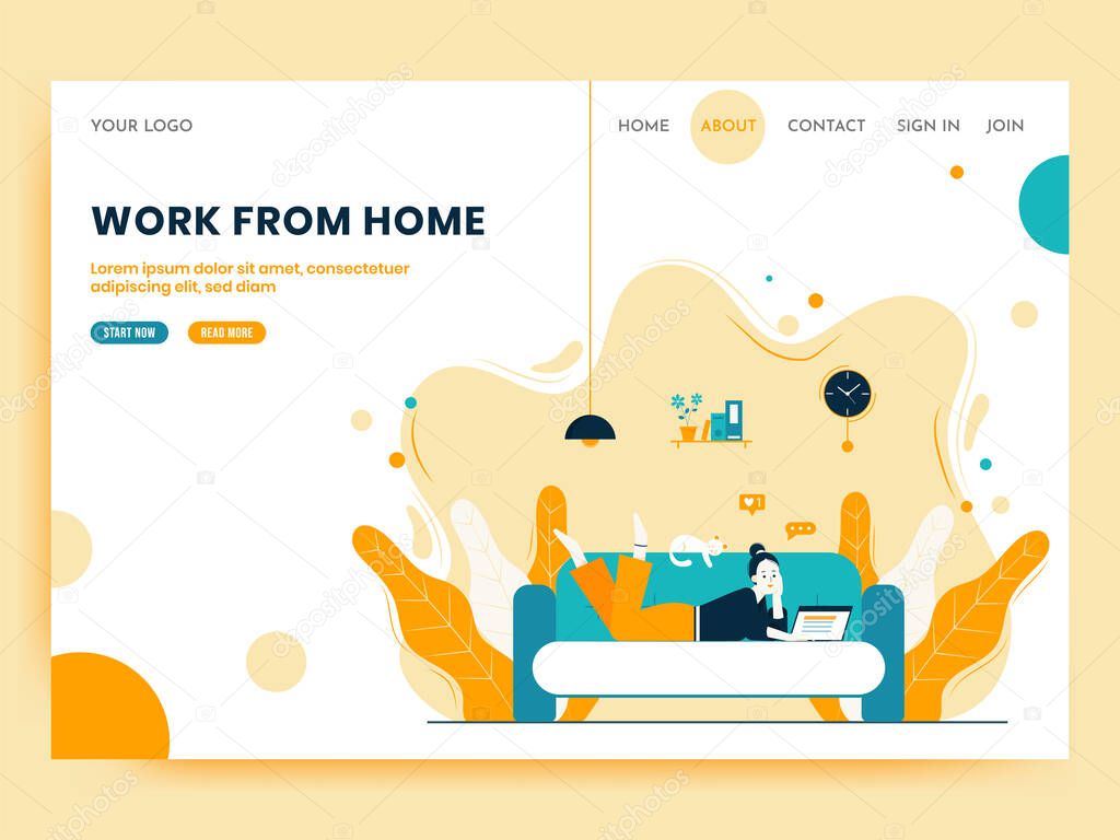 Illustration of a Girl is laying on a sofa with laptop and her pet cat is sleeping above on sofa, working from home. Freelance or study concept. Landing page template.