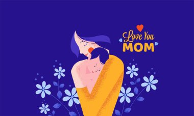 Mavi arka planda çiçekli bir kadın ve bebeğin güzel bir çizimi. Pankart, web başlığı, poster tasarımı ve benzeri şeyler. Anneler günün kutlu olsun, seni seviyorum anne..