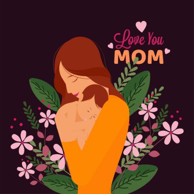 Yeşil yaprakların üzerinde bir anne ve küçük bebeğinin resmi ve çiçekli arka plan. Anneler günün kutlu olsun..