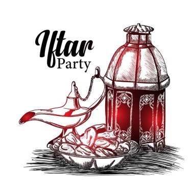 Kızıl El, Doodle sanatı, Fanous Lantern 'in çizimi, Chirag ve İslam' ın kutsal ayı için tatlı tarihler, Ramazan Kareem, iftar partisi kutlaması.