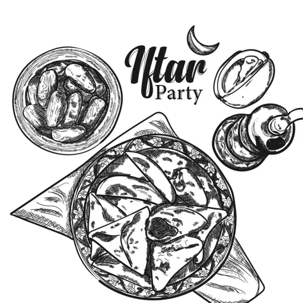 Handgezeichnete Skizze Illustration Von Iftar Essen Auf Draufsicht Doodle Kunst — Stockvektor