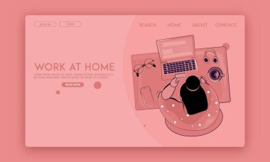 Home web sayfasının şablon üst görünüm tasarım konsepti. Kendini işine adamış bir kadın evinde dizüstü bilgisayarıyla çalışıyor. Serbest çalışma, çevrimiçi dersler, eğitim, öğrenim.