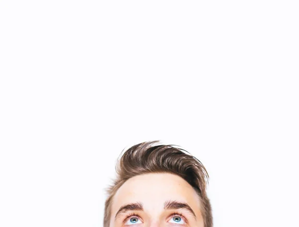 Close Young Man Eyes Looking White Background — Stock Photo, Image