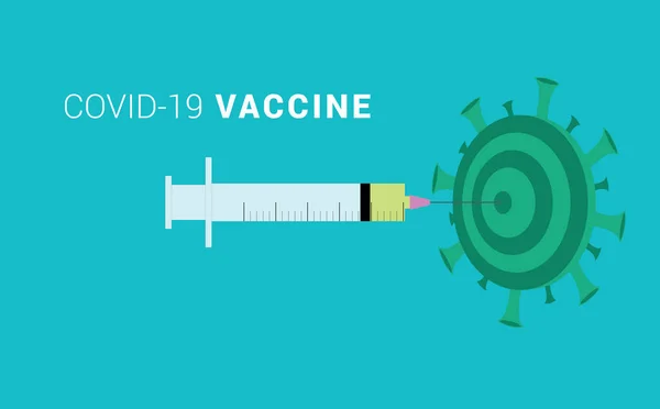 Coronavirus, covid-19, aşı enjeksiyon konsepti. Şırınga virüs şeklinde bir dart tahtasına sıkışmış.