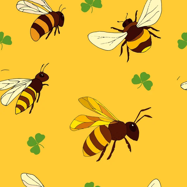 Las Abejas Trébol Sobre Fondo Amarillo Patrón Vectorial — Archivo Imágenes Vectoriales