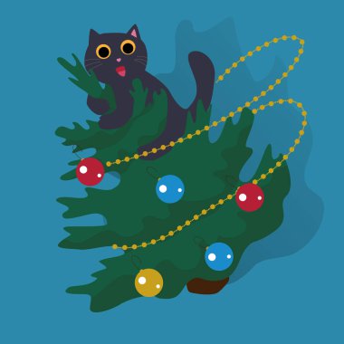  Funny cat climbed on a Christmas tree and drops it clipart