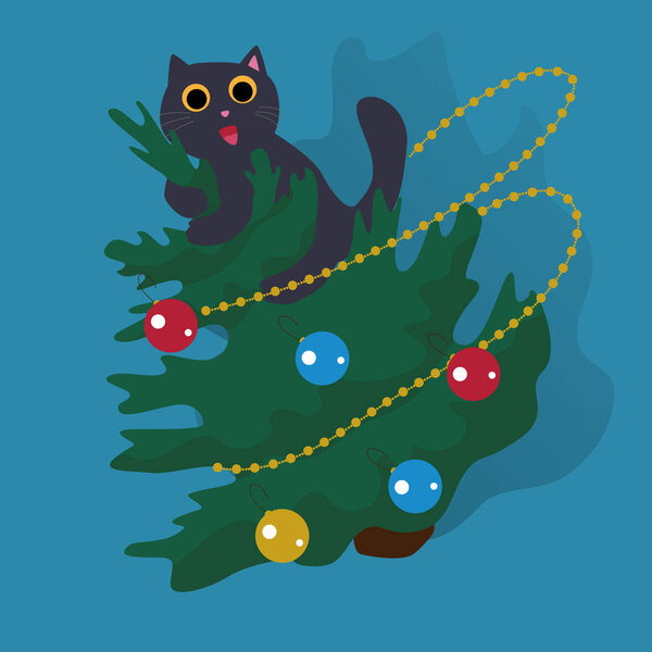  Funny cat climbed on a Christmas tree and drops it