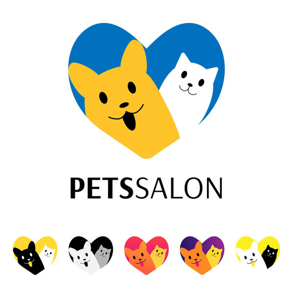 Vector Pet Shop logo icon design template. Happy dog, cat and heart. Trendy concept for pet shop, store, veterinary clinic, hospital, shelter, business services.