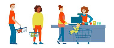 İnsanlar süpermarkette alışveriş yapıyor. Mağazadaki müşteriler kasaya ödeme yapıyor. İzole edilmiş arka plan. Alıcı gıda ürünleri satın alır. Aile markette alışveriş yapıyor..