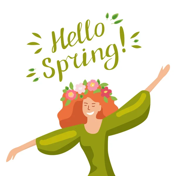 Hello Spring Happy Girl Lettering Isolated Background Handwritten Vector Illustration — Stock Vector