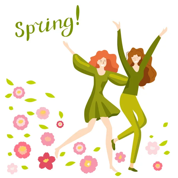 Two Happy Girls Run Spring Meadow Flowers Lettering Spring — 스톡 벡터