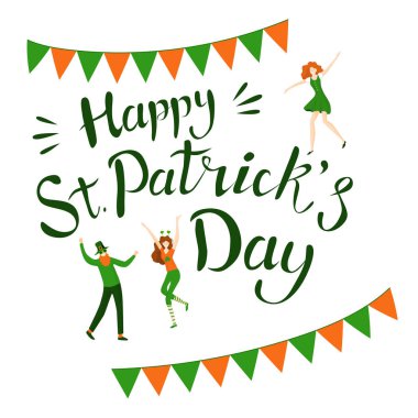 Lettering Saint Patrick 's Day. Template with funny dancing people in festive costumes. 