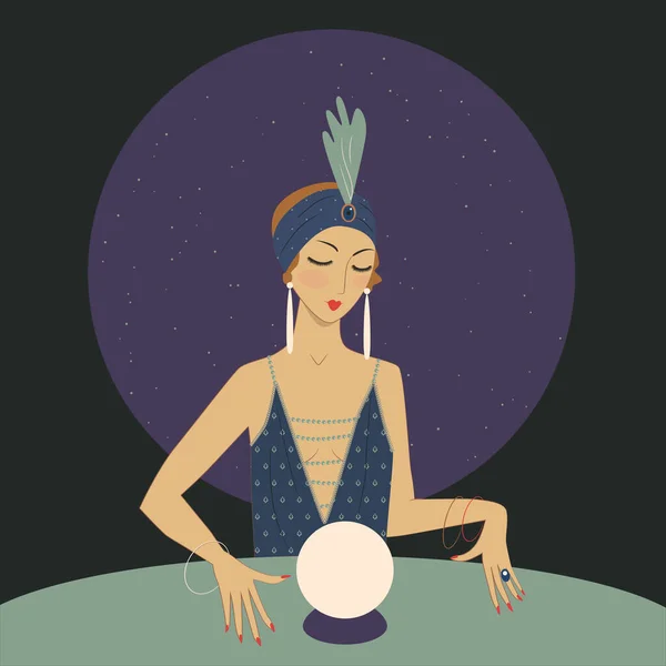 Spiritual girl with crystal ball is guessing. 1920s style illustration — Stock Vector