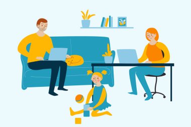  Annem ve babam evde çalışıyor. Çocuk oyunu. Evde kal. Pandemik korona virüsü veya covid-19 'un karantina sosyal mesafesi süresince evden çalışma. 