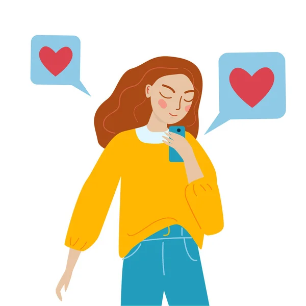 Menina Está Sentindo Redes Sociais Telefone Ilustração Vetorial Estilo Plano — Vetor de Stock