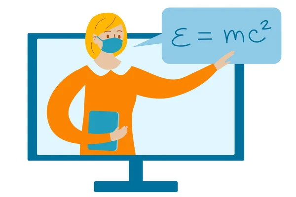 戴口罩的老师写公式 在线教育和电子学习模板 平面卡通风格的矢量概念图解 — 图库矢量图片