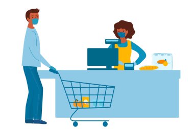 Tıbbi maskeli ve eldivenli adam alışveriş yapıyor.