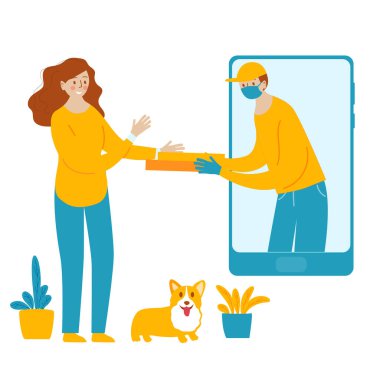 Karantina sırasında kadınlara paket getiren tıbbi maske ve eldivenli kurye tasviri. Çevrimiçi gıda siparişi ve paket servis gıda nakliyatını güvence altına alın. 