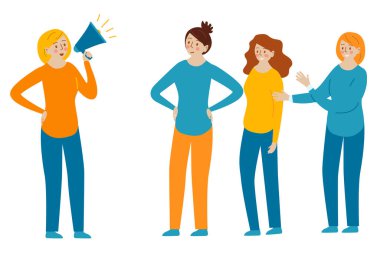 Kadın megafonla konuşuyor. Feminizm kavramı. İniş sayfası, şablon, ui, web, iş promosyonu, reklam için vektör ilüstrasyonu, korna aracılığıyla çağrı, çevrimiçi uyarı