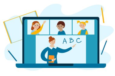 Çevrimiçi eğitim ve e-öğrenme şablonu. Online Sınıf. Coronavirus COVID-19 sırasında Evden Telekonferans ya da Video Konferans Çağrısı ile Öğrenim Kal.