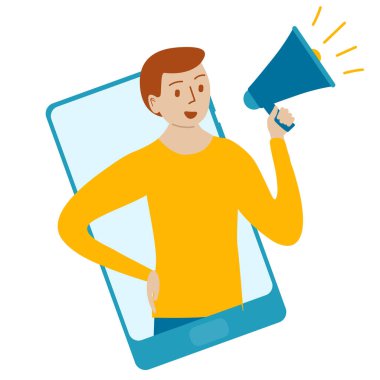 Hoparlörden bağıran bir adamla akıllı telefon. Etkilendirici pazarlama, sosyal medya veya ağ tanıtımı, SMM afişi, iniş sayfası, broşür. Çizgi film tarzında Vektör Kavramsallaştırması. 