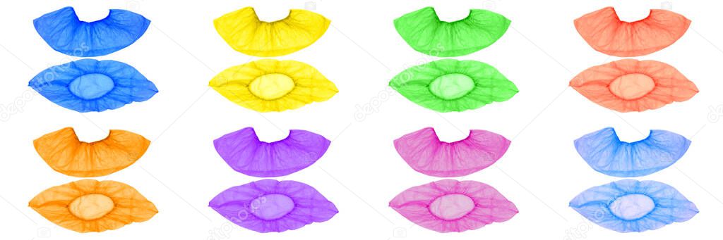 Isolated multi-colored paired Shoe covers in red, pink, purple, green, yellow, orange, blue, and blue on a white background. Top and side view.