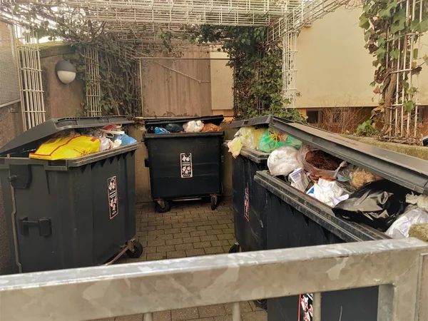 Lixo Não Triado Lixeiras Transbordantes — Fotografia de Stock