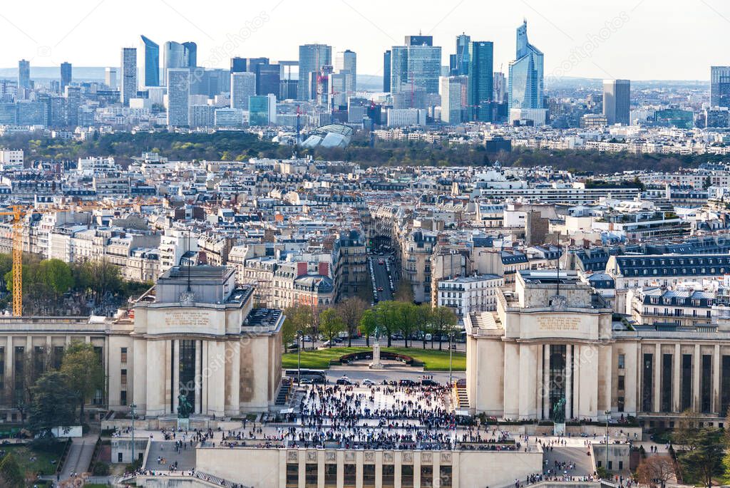 View of the the Palais de Chaillot and the modern business district of Paris - La Defense from Eiffel tower - La Tour Eiffel in Paris, France