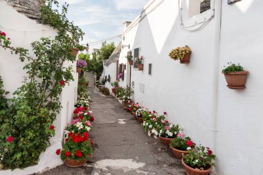 Köle köyünün beyaz duvarları olan caddesi, çok renkli çiçeklerle süslenmiş. Alberobello, Puglia, İtalya.